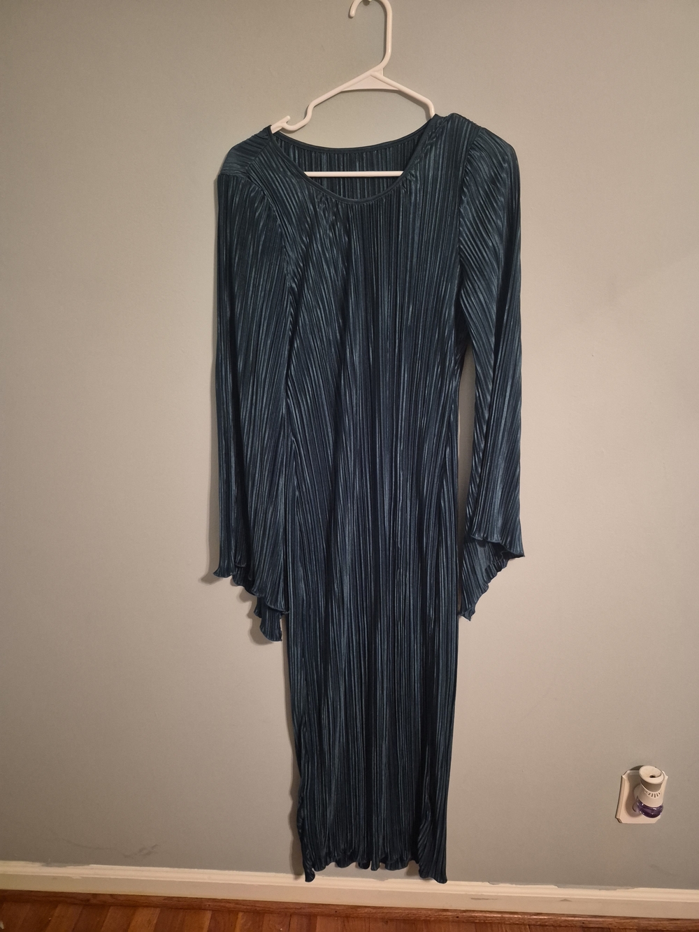 SHEIN Teal Pleated Long Sleeve Midi Dress